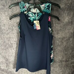 Tommy Bahama XS sleeveless active tanks set of 2 teal green tropical &solid navy